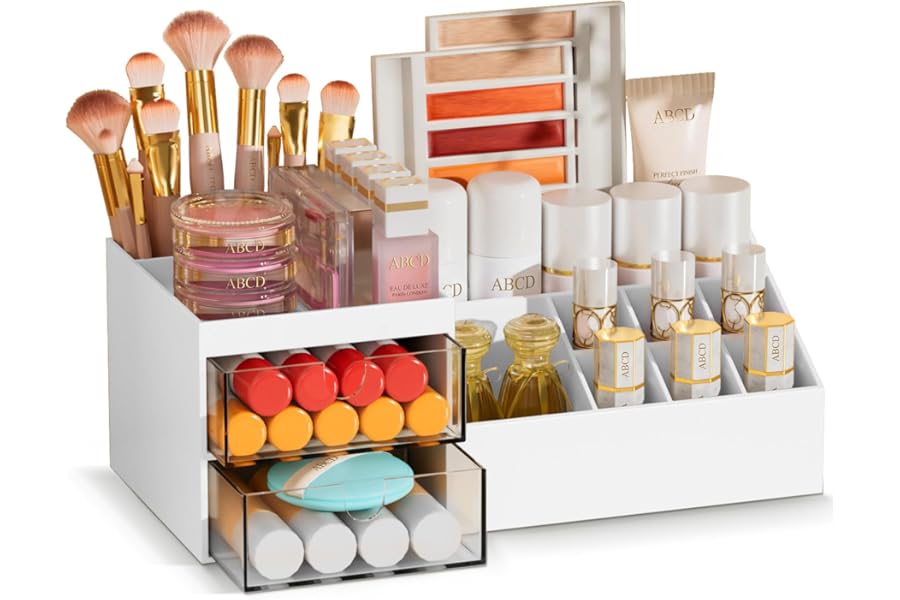 Subsky Makeup Organiser Cosmetics Storage with Drawers, Skincare Organiser, Offices Multi-function Organizer, Sturdy Cosmetic Storage Box with Drawers, for Dresser, Bedroom, Bathroom, White