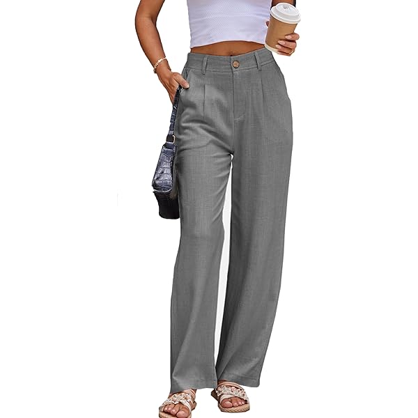 Voqeen Linnen zomerbroek voor dames, casual, katoen, linnen, stoffen broek, effen, vrijetijdsbroek, hoge taille, flowy, brede pijpen, strandbroek met zakken, lila, XL
