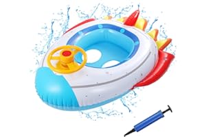 VSPEK Flotador bebé con Asiento,Anillo de Natación bebés con forma de Cohete Piscina Flotador ​Inflable con Volante para Niños Flotador de Natación Barca Niños Hinchable Nadar Entrenador Juguetes de Piscina