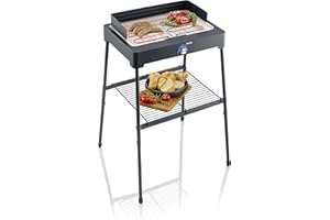 SEVERIN PG 8566 Barbecue elettrico 2200W in acciaio inox con stand con mensola, Grill elettrico temperatura regolabile fino a 250 °C, Griglia da tavolo per interni ed esterni, Nero