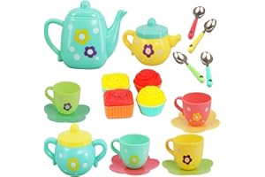 Koolbitz Kids Tea Set Party Playset - 22Pcs Pretend Tea Party Toy with Cups, Plates, Teapot, Desserts and Muffins - Washable BPA-Free Plastic Tea Set for Little Girls Ages 3+ Years