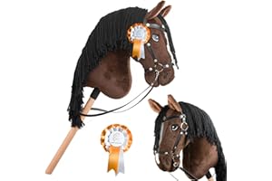 HOBBY HORSE LAND Hobby Horse Bai Marron crins Noirs. Cheval bâton Complet avec Filet, Mors, rêne et Flot. Tête de Cheval bâton pour Hobby Horsing Enfants et Adolescents