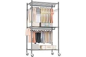 Himimi Portant Double avec étagères Réglables en Hauteur, Barre de Vêtements avec 2 Crochets, Rails à Vêtements avec Roues, 60 * 42 * 205cm, Noir