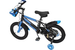 WSIKGHU 14 Zoll Kinderfahrrad für ab 3-7 Jahre Jungen & Mädchen, Upgraded Blau Kinder Fahrrad mit Stützrädern, Höhenverstellbar Kinderfahrräder mit Schutzblech und Trinkflasche für Outdoor Reiten