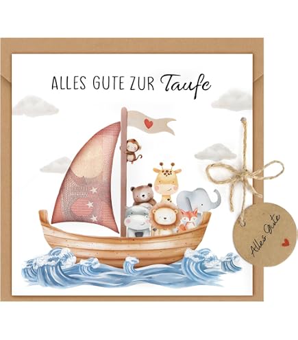 Taufkarte Mit Umschlag Aus Kraftpapier – 15x15 Cm Klappkarte Mit Tauben-Motiv | Für Mädchen & Jungen, Hergestellt In Deutschland