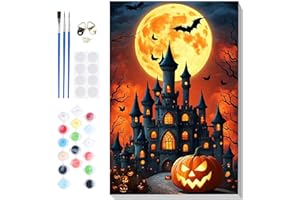 Fumupe Schloss Malen Nach Zahlen Erwachsene mit Rahmen, Malen Nach Zahlen Halloween, Diy Set Erwachsene mit Pinseln und Acrylfarben Handgemalt Ölgemälde Leinwand für Home Décor, 20x30cm