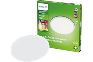 Plafonnier extérieur PHILIPS LED Superslim 15W [Blanc chaud - Blanc] Résistant à l'eau IP54, pour éclairage de jardin, patio et terrasse.