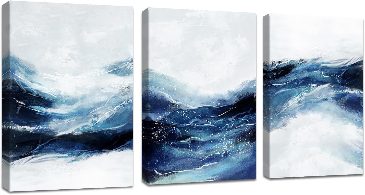 FajerminArt 3Pcs Dark Blue Modern Living Room Painting Framed Abstract Blue White Canvas Wall Art Pictures Printing Canvas Artwork Wall Decor for Bedroom Bathroom Office Ready to Hang 30x40cmx3 Pcs