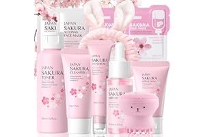 SOLENEVA Sakura Skincare Set Teenager Mädchen Geschenke, Geschenkset Frauen, Skin Care Set, Gesichtspflege Set, Beauty Set Mädchen mit Gesichtscreme,Reiniger,Toner,Serum,Augenserum,Mask,Schlammmaske (11pcs)