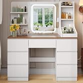 TRIUMPHKEY Large Makeup Vanity with Dimmable LED Lights and Mirror, with 4 Shelves 7 Drawers 3 Open Compartments, 110 x 40 cm
