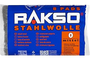 RAKSO Stahlwolle mittel 0 | 200g, 8 Pads, glättet Holz, entfernt Schmutz auf Kacheln/Steinböden, poliert Kupferrohre/Fittings