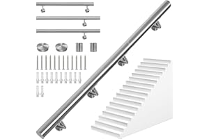 OUUTMEE 250CM Main Courante pour Escaliers en Acier Inoxydable, Rampe d'Escalier Murale avec Supports, Intérieure/Extérieure Main Courante pour Escaliers, Grenier, Porche, Garage et Terrasse (Argent)