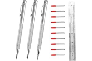 VEFTSVY 3 Stylos À Tracer En Carbure De Tungstène 55hrc Avec Pointe De Carbure Et 10 Pointes Métalliques Cylindriques De Rechange, Règle En Acier De 15 cm Et Queue Magnétique Pour Marquage Précis Sur Et Verre