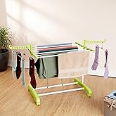 Amazon Brand - Solimo Premium Mild Steel Double Support Cloth Drying Rack | Foldable and Movable | Lightweight | White & Green