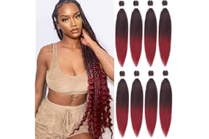 Leeven 8 Packs Pre Stretched Braiding Hair 30 Inch Yaki Texture Ombre Red Brading Hair Extensions for Box Braids Kanekalon Hair Fiber Crochet Hair Extensions for Braiding /30 Inch 1B900#