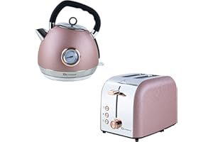 SQ Professional Epoque Breakfast Set 2pc Kettle with Rose Gold Accents & Temperature Display 2200W - 2 Slice Toaster with Rose Gold Accents, High-Lift, Wide Slots & 6 Browning levels 900W (Pink)
