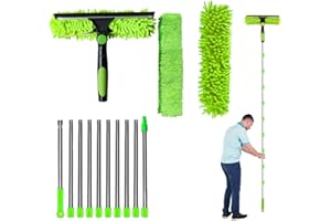 CUMNVULNT 4.5M Window Cleaning Kit, Extra Long 2-in-1 Extendable Window Cleaning Equipment with Microfiber Cloth Squeegee Strips for High Windows, Walls & Cars