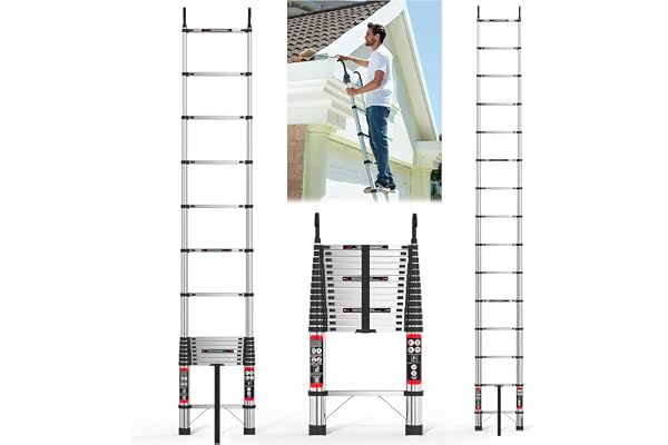 Échelle Télescopique 5m en Acier, Échelle Pliante et Robuste avec Crochets, Antidérapante Marchepieds Escamotables, Charge 150kg, Échelle Multifonction pour Toiture, IIntérieur, Extérieur, Jardin