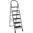 Amazon Basics Clamber - Foldable Step Ladder, Safety-Clutch Lock, Ribbed Steps, Knee Guard, Non-Marring PVC Shoes, 6 Steps (Steel, Black & Orange)