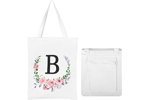 JNSMFC Floral Initial Canvas Tote Bag for Women,Personalized Letter Aesthetic Tote Bag with Zipper and Pocket