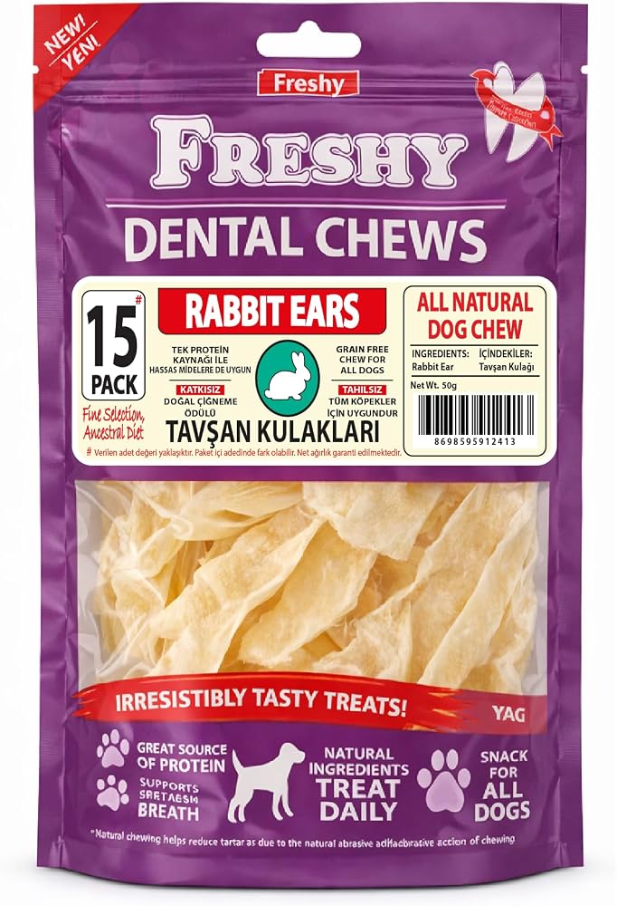 FRESHY Doğal Kurutulmuş Tavşan Kulağı Köpek Ödülü – Tahılsız Dental Çiğneme
