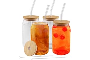 Vexillic Vasos Cristal Ondulado, 4 Piezas 500 ML Tazas de Vidrio de Burbuja, Vintage Transparente Juego de Vasos con Pajita y Cepillo para Agua Café Cóctel Soda (Cubierta de madera)