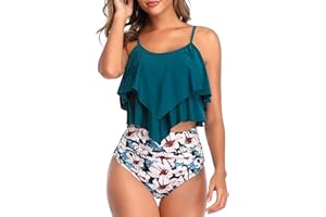 Genfien Maillot de Bain Deux Pièces pour Femme Haut à Volants et Bas Taille Haute Push Up Bikini Taille Haute Vintage Bikini Ensemble