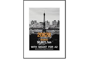 Hesmor Picture Frames 50cm x 70cm Frame Aluminum Acrylic Picture Frames in Black, 20 x 28 inch Size Photo Frames with Clear Plexiglass for Wall Mounting, Single Poster Frames with Mat for A2