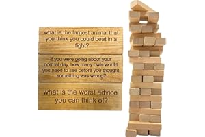 FUNLOV 54 PCS Questions Tumbling Tower Game,Wooden Large Tumbling Game Stacking Brick Blocks,Questions Block Building Toys Suitable for Great Family and Party