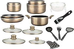 Herzberg - Batterie de Cuisine - Set de Casseroles et Poêles Induction 17 Éléments - Aluminium Forgé avec Revêtement Marbre - Poignée Amovible - Anti-Adhésif - Tous Feux - Gant Inclus - Cuivre