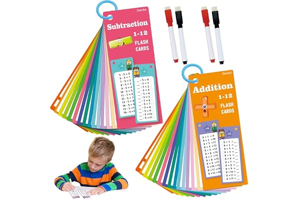 Cartes d'apprentissage Jeu de Cartes de Addition et Soustraction pour Enfants pour Aides au Calcul avec 4 Marqueurs Effaçables Apprentissage Ludique Portable pour la Maison et la Salle Classe
