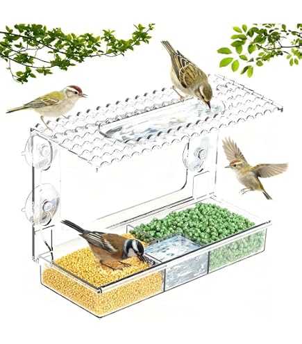 Navaris Fenster-Vogelhaus Aus Acryl – Mit 2 Fächern & Saugnäpfen | 30 X 13 X 10 Cm, Transparent