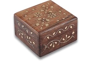 Handy Kala Wooden Box - Sheesham Wood Handmade Jewellery Box with Lid, Velvet Interior, Floral Carving Detail, Brass Inlay - Storage Box for Crystals, Jewels, Trinket, Charms, Valuables (Small, Brass)