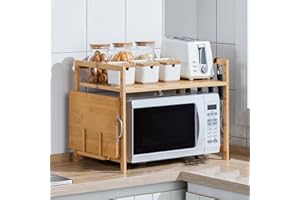 HUOLE Multifunktional Holz Mikrowellenhalterung für KüchenMikrowellen Küchenregal, Bamboo Mikrowellenständer Mikrowellenhalte mit Hacken und Schneidebrettständer, -52 * 37 * 65cm-2 Schichten