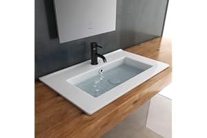 Alpenberger Einbauwaschbecken Waschtisch 60 cm Breit | Keramik Waschbecken Eckig fürs Badezimmer & Gäste-WC | Handwaschbecken Eckig mit Nano Keramikversiegelung | Bad Einbau Waschbecken