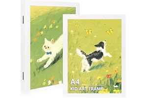 KAIWIN Kids Art Frames, 2 Pack A4 Fillable Front Opening Photo Frames, Holds 150 Drawings, Childrens Storage Frame Changeable, Wooden Kids Artwork Display Frame, White