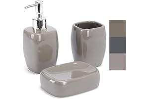 MSV Bathroom Accessories Ceramic Soap Dispenser, Soap Dish, Toothbrush Tumbler Taupe Set of 3