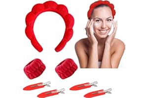 Yeria Set de 1 Diadema de Mujer y 2 Muñequeras Desmaquillar y 4 Pinzas para el Pelo, Diademas y Muñequeras para Maquillaje, Para Maquillaje Femenino,Cuidado de la Piel,Baño y Ducha (Rojo)