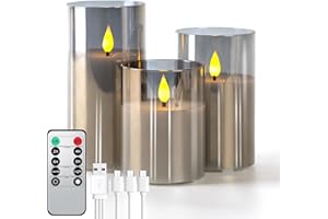 Forever Speed Zestaw 3 świec LED w kolorze szarego szkła, możliwość ładowania, z pilotem zdalnego sterowania, timer, możliwość ściemniania, bezpłomieniowe świece z kablem do ładowania, do dekoracji