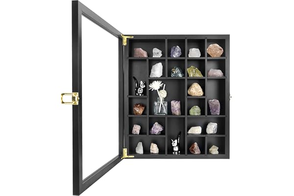FramePro Rock displayfodral, 13,5 x 16 kristallsamlingslåda med hyllor, onyx opal kristallstativ visas i rutor, dockshowhållare med äkta glaslock