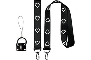 SAVITA Noir Dragonne Telephone Portable Cou, Nylon Sangle de Tour de Cou avec Coeur d'Amour Motifs pour Porte-Clés Clé Téléphone Étiquette d'Identification Badge (2 Pièces)