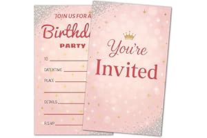 GHKJOK 20Pcs Pink Double-Sided Birthday Party Invitations for Girls | 15x9cm Cardstock Cards | Unique Pink Theme Design for Kids' Celebrations (20 PCS)