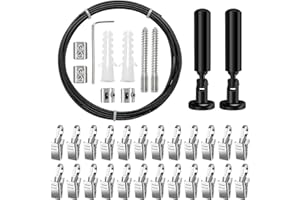 YIXISI 5m Juego de Barra de Alambre para Colgar en la Pared, con 24 Piezas Clips de Gancho de Acero Inoxidable, Cable de Acero para Cortina, para Colgar Fotos, Cortinas (Negro)