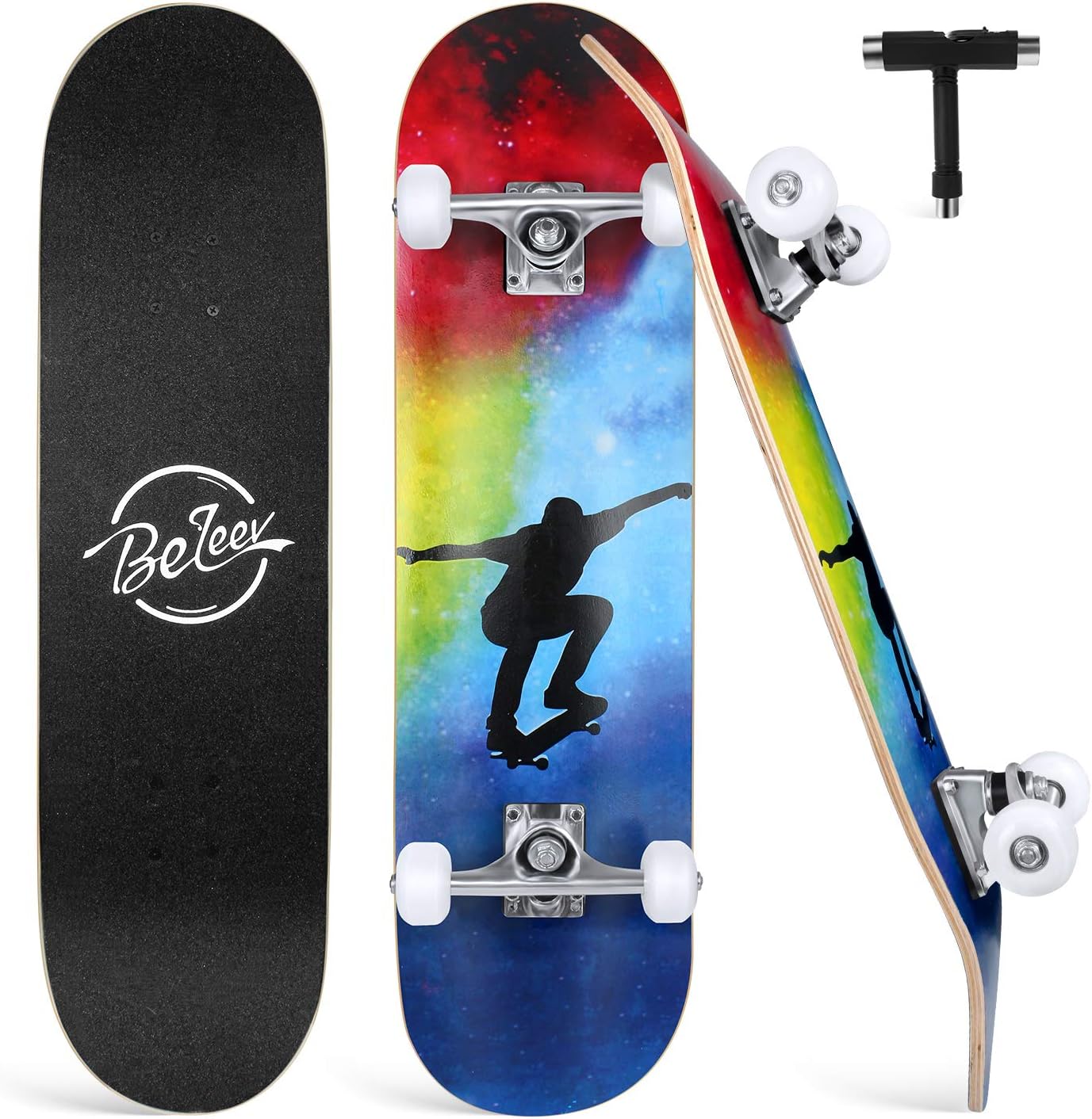 BELEEV Skateboards 31x8 para Principiantes, Niños, Adolescentes y Adultos, Completo Pro Cruiser Skateboard para Niña Niño, Arce Canadiense de 7 Capas, Doble Bandeja Cóncava, con Herramienta en T