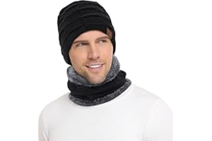 Bequemer Laden Mens Winter Beanie Hats Scarf Set Warm Knit Skull Cap Neck Warmer with Fleece Lined Winter Hat Gifts for Women Men