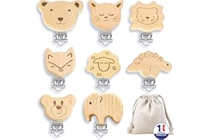 MARKETIFAR Clip Attache Tetine - Lot de 8 Accroches Tetines Animaux pour Bébé + OFFERT 1 Sac de Rangement - Attache Sucette en Bois - Pince Attache Tetine