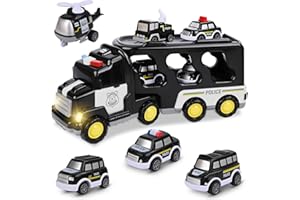 Zoelele Camion Giocattolo Per Bambini, Camion Trasportatore Per Bambini, 7 In 1 Con Suoni e Luci, 6 Mini Cars, Per Ragazzi Ragazze 1 2 3 4 5 6 Anni (Auto Della Polizia)
