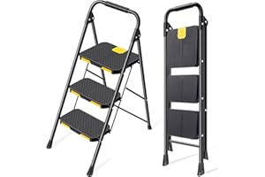 KINGRACK Escabeau 3 Marches avec Verrouillage de sécurité, Large Pédale Antidérapante, Escabeau Pliable avec Mains Courantes, Échelle Domestique pour Maison, Cuisine, Bureau, Léger Portable, Noir