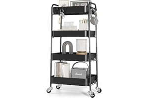 ‎KINGRACK KINGRACK 4-stufiger Metall-Küchenwagen mit Rollen – Servierwagen & Allzweckwagen für Küche, Bad, Büro – Schraubenlos, einfach montiert (Schwarz)