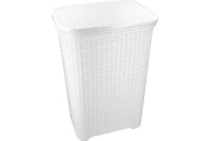 HRB Wäschekorb mit Deckel Rattan 65 Liter, Wäscheaufbewahrung aus Kunststoff, Wäsche Sortierer (Weiß)